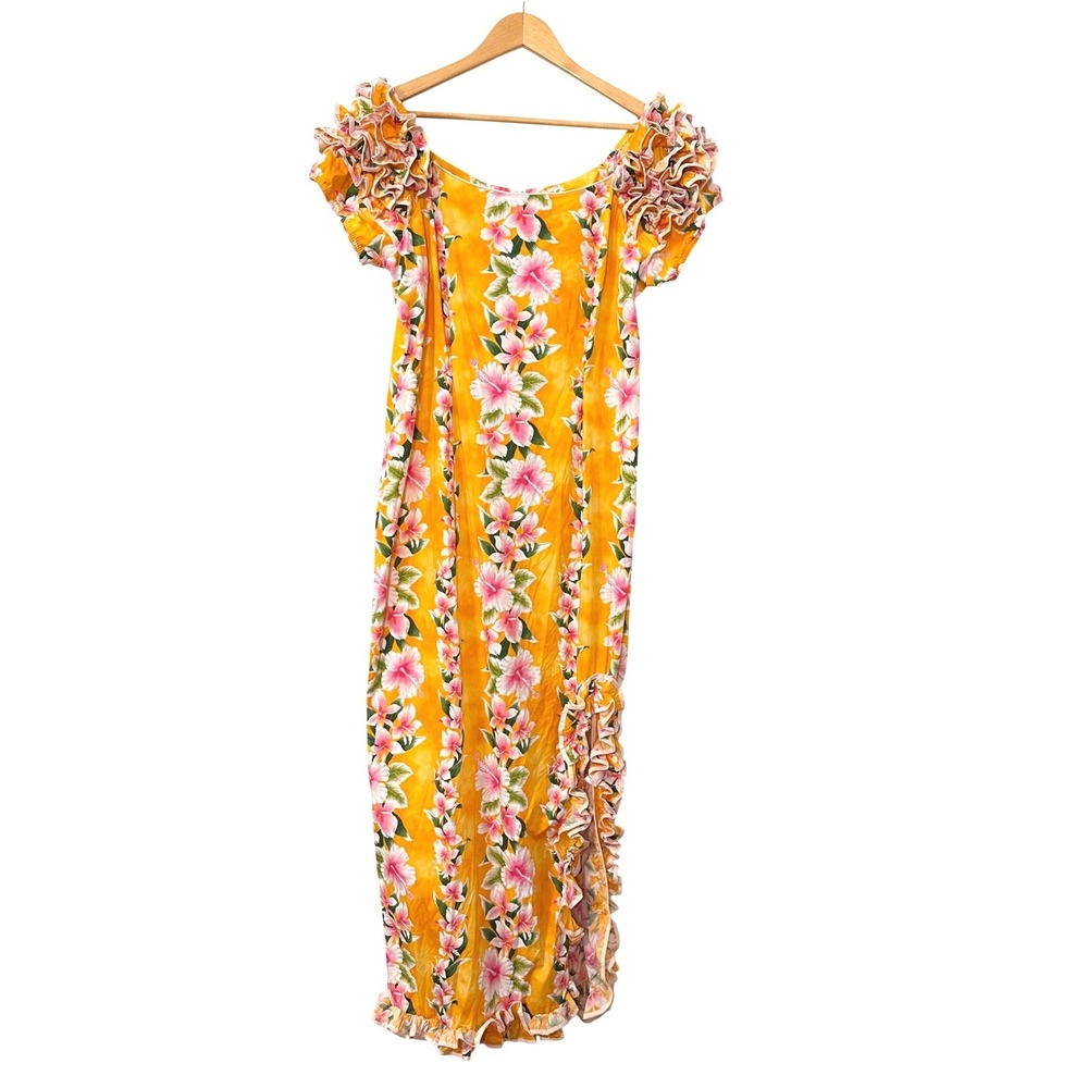 VTG Hawaiian Maxi Dress Muumuu Floral Ruffle Yellow Hibiscus Tropical Tiki XL